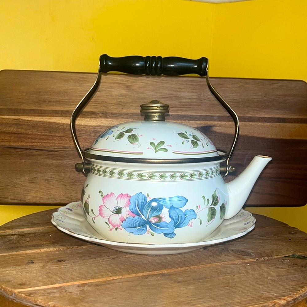 Vintage enamel floral tea pot